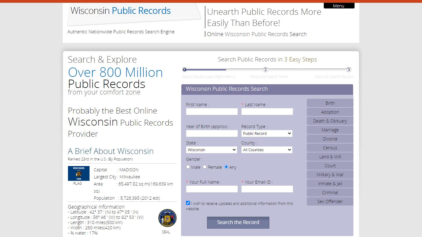 State of Wisconsin Public records Online. Search vital records in Wisconsin